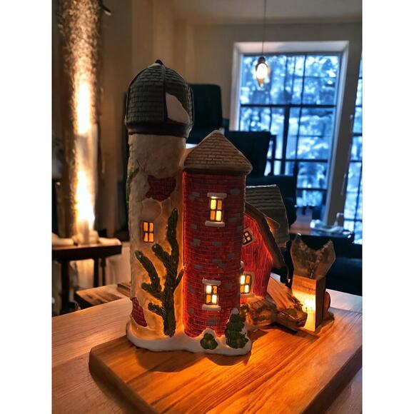 Porcelain, Ceramic Light Up Christmas, Winter Red Snowy Farm Barn, Silo - Picture 7 of 7